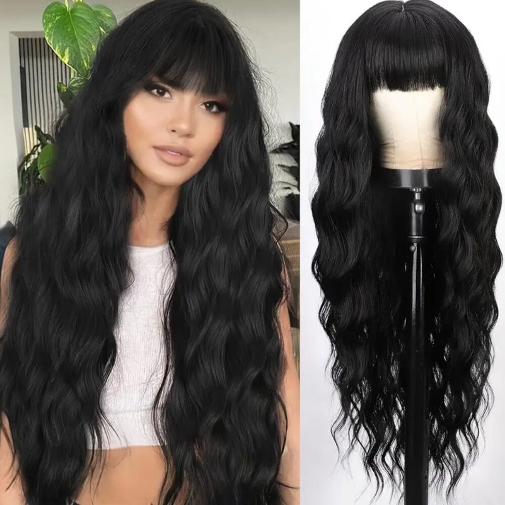 NEW 28 inch Long wavy black glueless wig